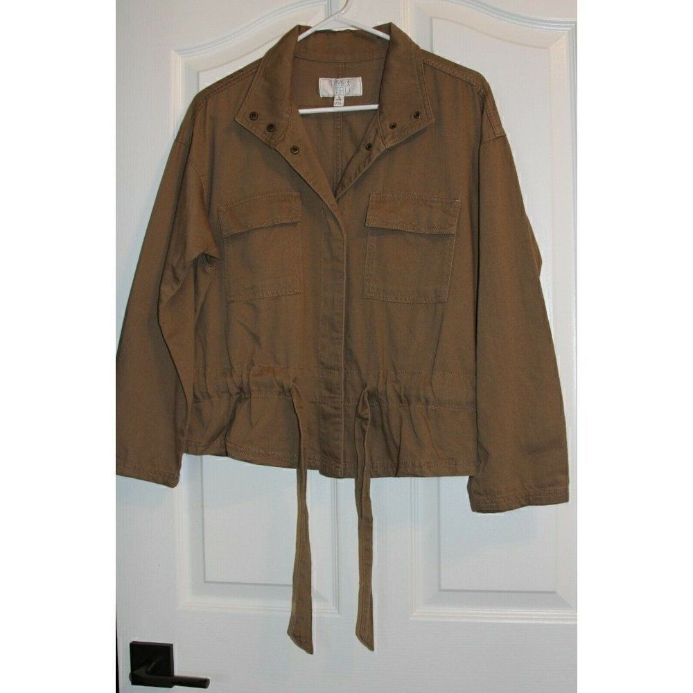 Time & Tru Cotton Blazer Jacket Safari Pockets Tie Belt Brown Womens Small NEW